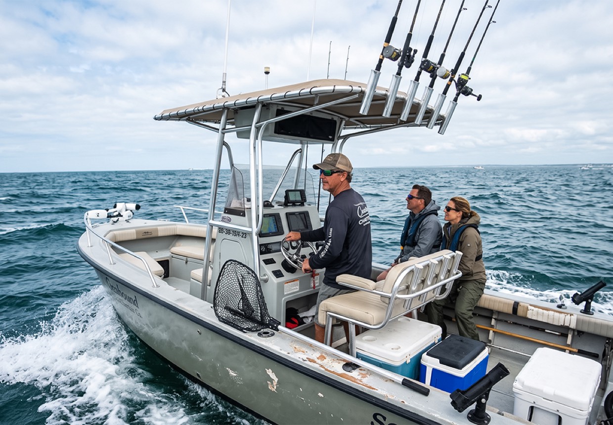 A center console fishing boat heading out to sea